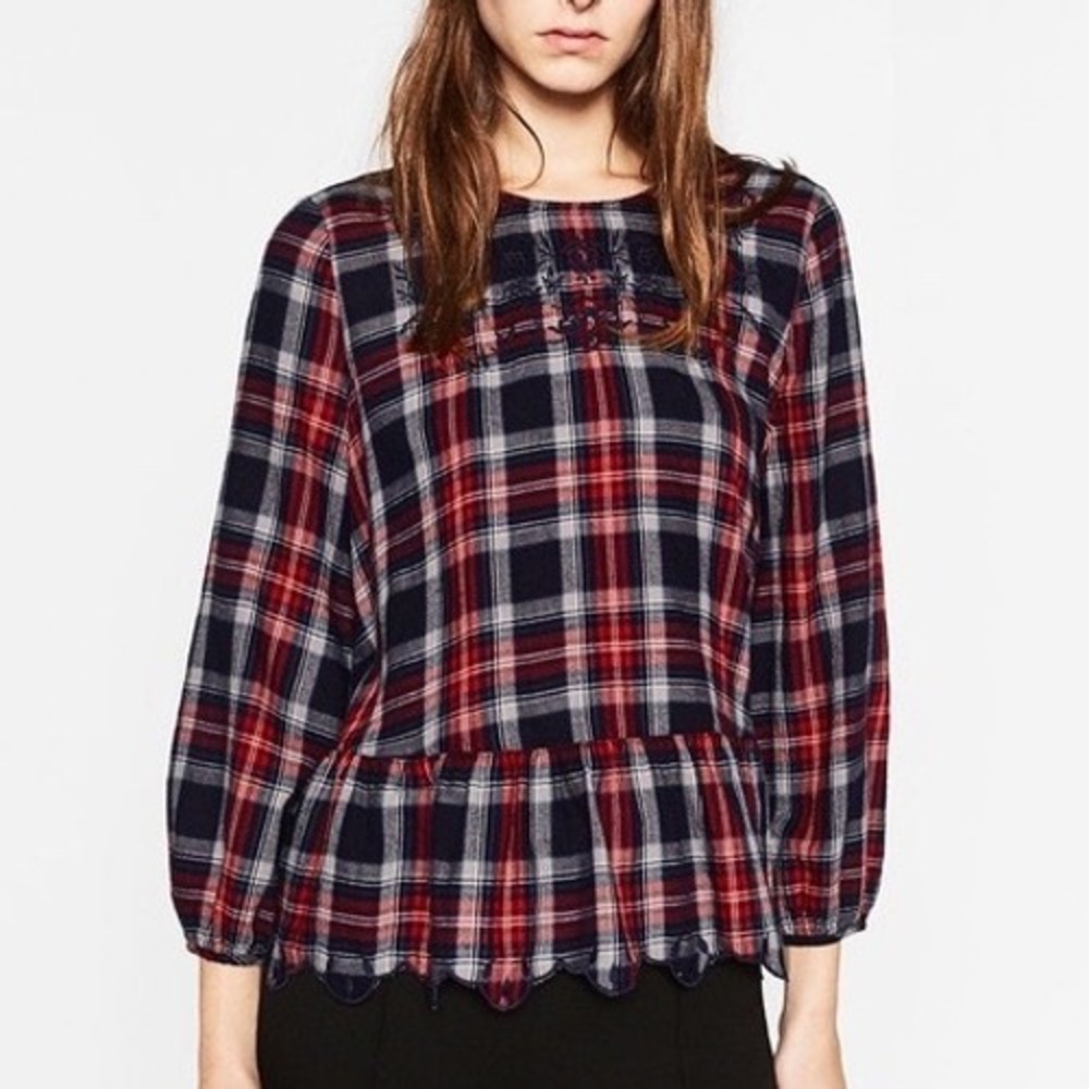 Zara S‎ Red Navy Plaid Embroidered Peplum Top Academia Cabin Boxy Modest Preppy